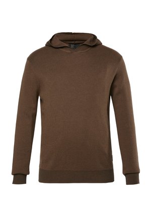 Brązowa bluza z kapturem wykonana z miękkiego materiału, z kieszenią kangurzą, ściągaczami na rękawach i gładką fakturą. Prosty design bez wzorów.