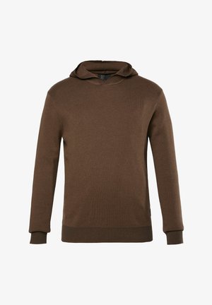 Brauner Kapuzenpullover aus weichem Material, mit einer Kängurutasche, gerippten Bündchen und einer glatten Textur. Schlichtes Design ohne Muster.