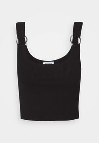 Schwarzes, kurz geschnittenes Tanktop mit geripptem Muster, breiten Trägern mit silberfarbenen Ringen und einem runden Ausschnitt. Enthält ein Markenetikett innen.