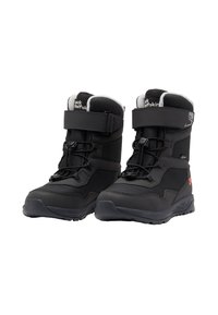 Bottes d'hiver noires avec un dessus texturé, fermeture à lacets et sangle ajustable. Équipées d'une semelle en caoutchouc et d'un doux intérieur blanc pour le confort.