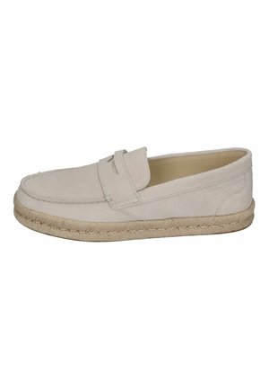 Beige suède instappers met een ronde neus en een geweven jute zool. Voorzien van een banddetail over de bovenkant en een soepele voering.