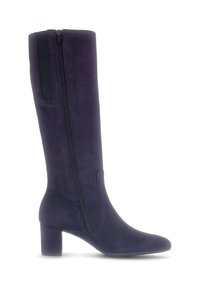 Lila kniehohe Stiefel mit glatter Textur, seitlichem Reißverschluss und Blockabsatz. Verfügt über ein elastisches Paneel für ein einfacheres Anziehen.