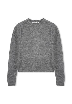 Szary dziany sweter z długimi rękawami, okrągłym dekoltem i miękką teksturą. Design jest prosty, bez wzorów czy akcentów.