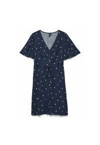 Robe bleu marine avec manches courtes évasées, col en V et ceinture à nouer. Présente un motif de petits points verts et une fermeture à boutons sur le devant.
