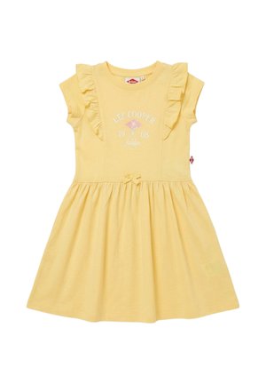 Robe jaune à manches courtes pour filles avec épaules à volants, texte et logo "Lee Cooper 1908 London" sur la poitrine, et petit nœud à la taille.