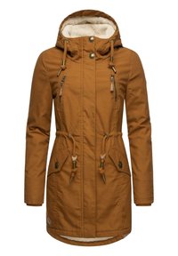 Bruine capuchonjack met een fleece voering, trekkoord in de taille, twee met rits sluitende borstzakken en drukknoopaccenten op de capuchon en manchetten.