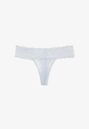 Lace thong underwear in light blue, featuring a floral pattern, a wide lace waistband, and a seamless design for comfort and fit.