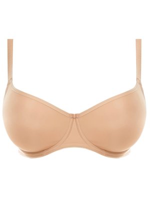 Beige gepolsterter BH mit verstellbaren Trägern, glatter Textur und Unterstützung durch Bügel. Verfügt über eine zentrale Naht und runde Cups für eine schöne Form.