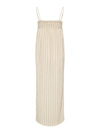 Robe longue beige sans manches avec de fines rayures verticales et des bretelles étroites.