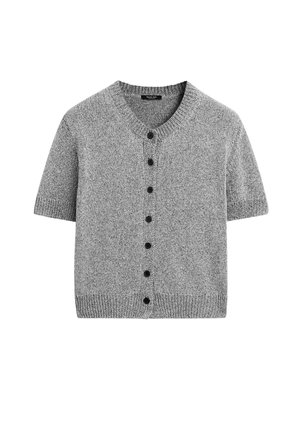 Gray short-sleeve knit cardigan with a round neck and seven black buttons down the front, made of textured fabric.