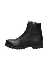 Schwarze Leder-Ankle-Boots mit Schnürdetails, gepolsterter Kante, Futter aus Fell und strukturiertem Sohlen, entworfen für den Wintergebrauch.