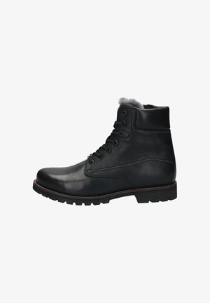 Schwarze Leder-Ankle-Boots mit Schnürdetails, gepolsterter Kante, Futter aus Fell und strukturiertem Sohlen, entworfen für den Wintergebrauch.