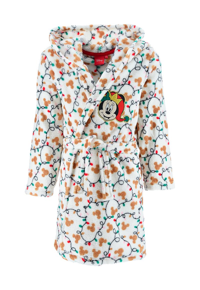 Accappatoio con cappuccio in morbido pile bianco, decorato con un motivo di omini di pan di zenzero e luci festive; presenta un'applicazione di Minnie Mouse sul petto.