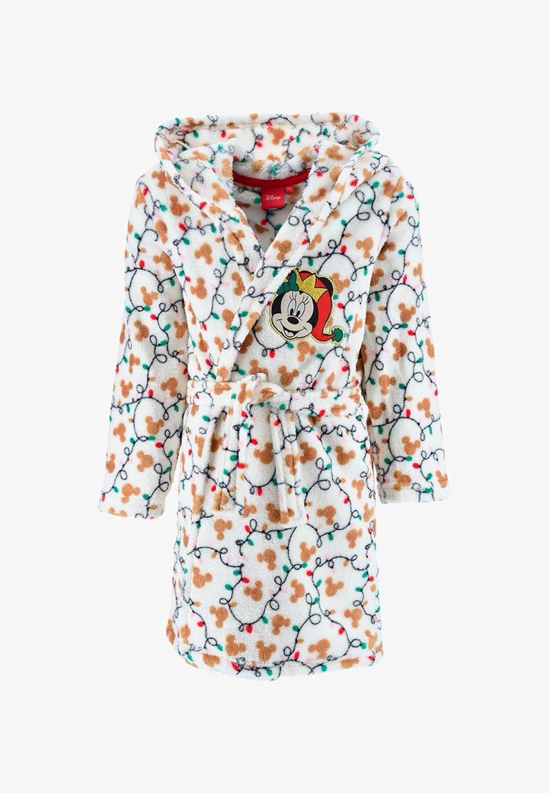 Hooded badjas van zachte, witte fleece met een patroon van peperkoekmannetjes en feestelijke verlichting; heeft een Minnie Mouse applicatie op de borst.