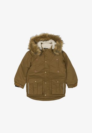 Pruun parka jakk kunstliku karvaga kapuutsiga, nööbid, kaks eesmist taskut ja sisevooder fliisist. Omab reguleeritavaid varrukaotsi ja kolmnurkseid aktsente.