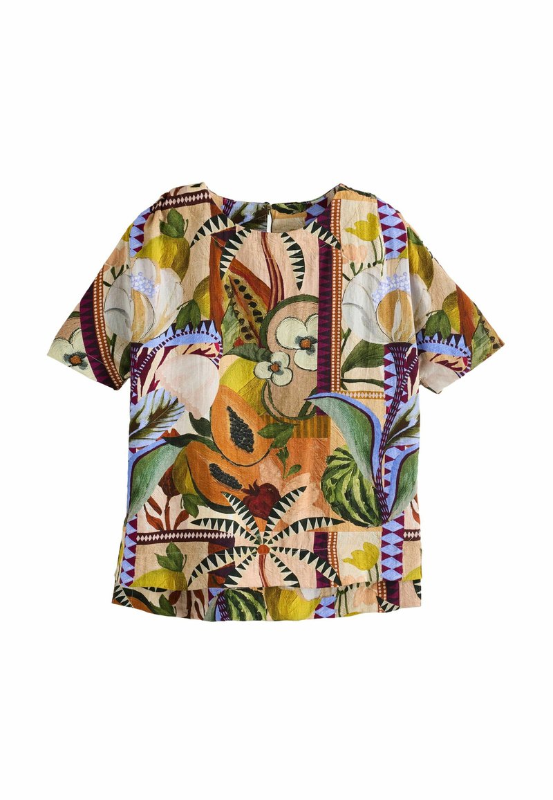 Chemise à manches courtes avec un motif floral et géométrique coloré sur un fond beige, fabriquée en tissu léger et texturé.