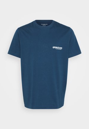 Marineblaue Baumwoll-T-Shirt mit kurzen Ärmeln, Rundhalsausschnitt und einem kleinen weißen Drucklogo auf der linken Brust. Klassisches, reguläres Design.