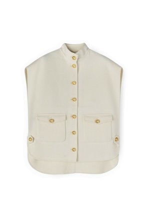 Mouwloos crèmekleurig vest met hoge kraag, gouden knopen aan de voorkant, twee klepzakken met gouden knopen en zijdetails met knopen.