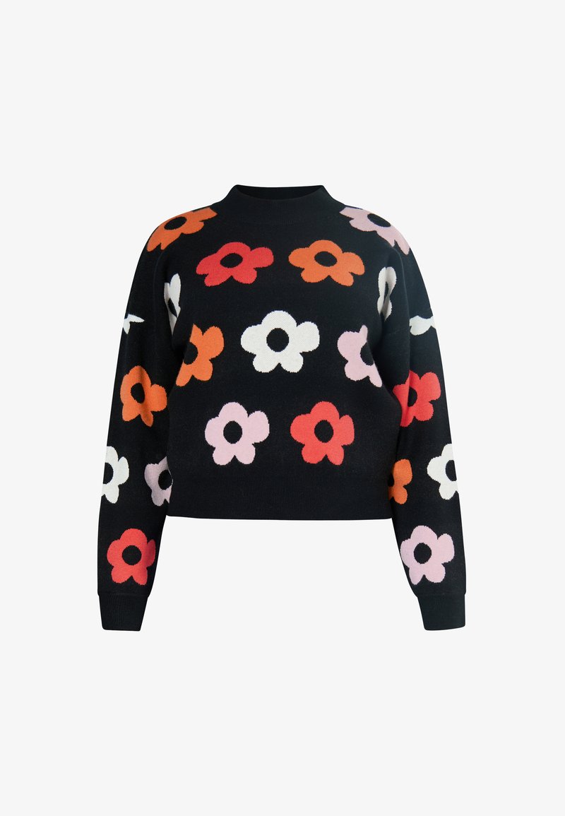 Fekete, rövidített pulóver, amely nagy virágmintákkal rendelkezik rózsaszínben, fehérben, pirosban és narancssárgában. Puha kötött anyagból készült. Kerek nyakkivágású, hosszú ujjú.