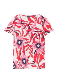 Blusenshirt mit kurzen Ärmeln in Weiß, verziert mit großen roten und rosa Blumen mit dunklen Umrissen. V-Ausschnitt-Design mit gerafftem Schulterdetail.