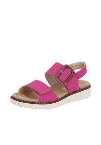 Rosa Sandale aus glattem Material, mit zwei breiten Riemen, einer strukturierten Schnalle und einer gepolsterten Innensohle auf einer weißen Plateau-Sohle.