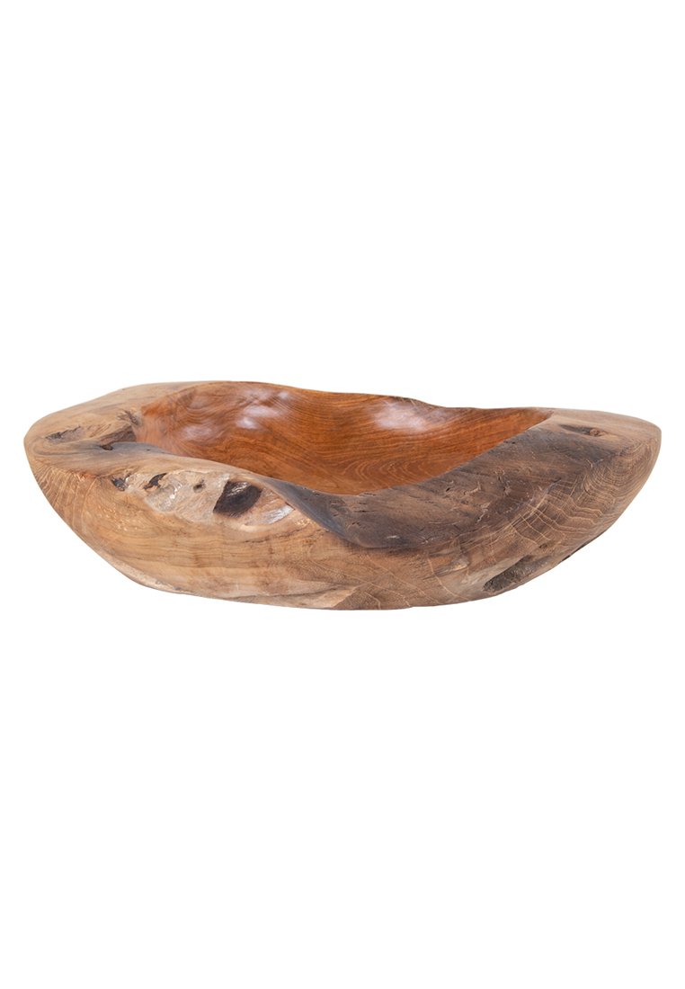 Holzschale mit organischer Form, die ein glattes, poliertes Inneres in warmem Braun und ein strukturiertes, natürliches Äußeres mit dunkel gehaltenen Akzenten aufweist.