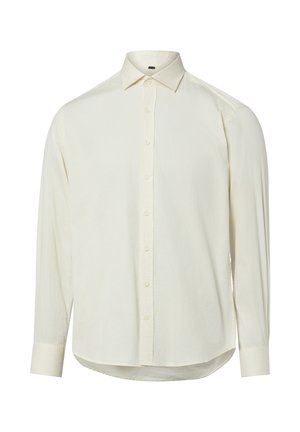 Langärmliges, elfenbeinfarbenes Hemd mit Knöpfen, spitzem Kragen und geknöpften Manschetten, auf weißem Hintergrund präsentiert.