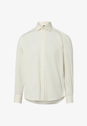 Langarm overhemd in off-white met knopen, een puntige kraag en met knopen sluitbare manchetten, weergegeven op een effen witte achtergrond.