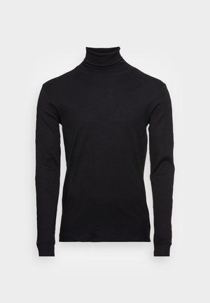 Long-sleeve black turtleneck shirt made of soft fabric, featuring a fitted design, high collar, and ribbed cuffs. No patterns or accents.