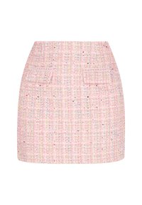 Roze tweed mini-rok met een textuurpatroon, voorzien van twee voorzakken en een getailleerde pasvorm. Subtiele multikleurige stippen door het hele rok.