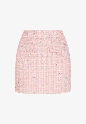 Rosa Tweed-Minirock mit einem strukturierten Muster, der über zwei Vordertaschen und eine figurbetonte Silhouette verfügt. Dezente, mehrfarbige Einsprengsel sorgen für das besondere Etwas.