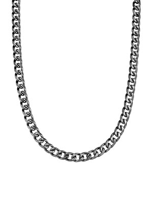 Collana in metallo nero a catena, presenta anelli intrecciati con una texture liscia e lucida. Progettata con una forma arrotondata e robusta.