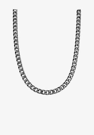 Schwarze Metallkettenschnur mit ineinandergreifenden Gliedern und einer glatten, polierten Oberfläche. Entworfen mit einer runden, massiven Form.