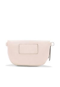 Hellrosa Lederbeutel in runder Form, mit einem rechteckigen Patch auf der Vorderseite und einem Reißverschlussverschluss an der Seite.