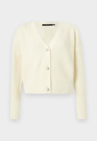 Cardigan en maille ivoire à manches longues, col en V, poignets et ourlet côtelés, avec trois boutons décoratifs en cristal sur le devant.