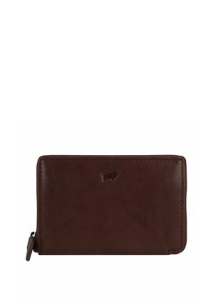 Portefeuille en cuir marron avec une texture lisse, fermeture éclair et logo embossé. De forme rectangulaire avec des détails de surpiqûres soignés.