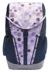 Purple backpack with circular patterns in various shades. Features a top flap, adjustable straps, side mesh pockets, and a solid base.