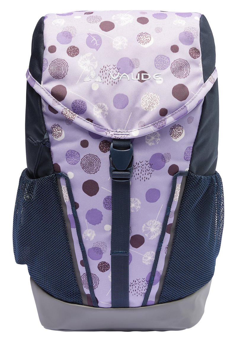 Purple backpack with circular patterns in various shades. Features a top flap, adjustable straps, side mesh pockets, and a solid base.
