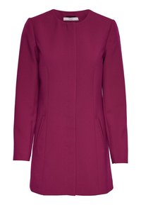 Fuksia muotoiltu takki pitkille hihoille, pyöreällä kaula-aukolla ja kahdella sivutaskulla. Valmistettu sileästä kankaasta, jolla on jämäkkä muotoilu.