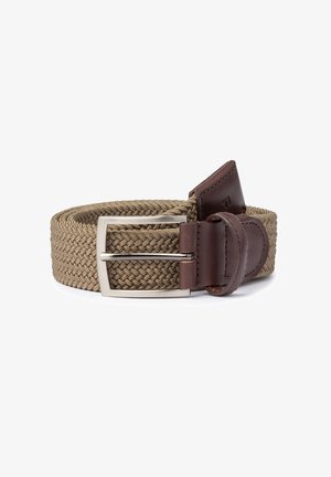 Braided khaki fabric belt with brown leather accents and a rectangular metal buckle. Textured weave adds visual interest.