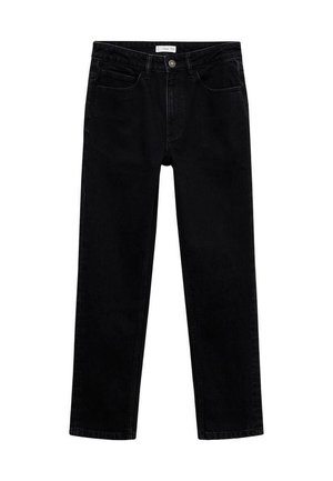 Jeans en denim noir avec un design à jambe droite, présentant un style à cinq poches classique et une fermeture à bouton en métal. Texture lisse sans motifs visibles.