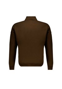 Pull en brun avec un col montant, des manches longues et des poignets côtelés. Texture lisse, design simple sans motifs ni accents.