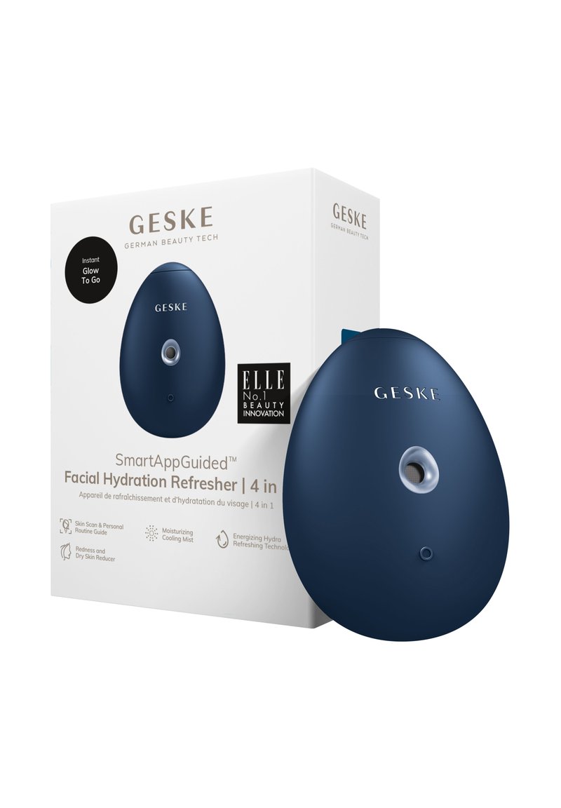 Marine oval gezichtsbevochtiger met een ronde spuitmond, vergezeld van een witte doos met daarin de merknaam en productdetails in zwarte tekst.