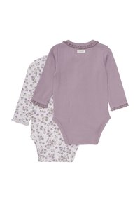 Två långärmade bodysuits. En lavendelfärgad med ribbat mönster och volangkrage, en vit med lila blommönster och volangärmar.
