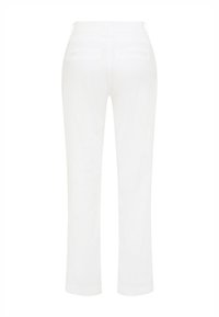 White straight-leg pants with back welt pockets and a fitted waistband, shown from the rear on a plain background.