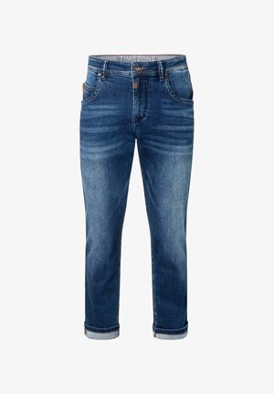 Dunkelblaue Denim-Jeans mit einem leicht verblassten Finish. Sie verfügen über aufgerollte Säume, fünf Taschen und einen Knopfverschluss mit sichtbaren Nähten.