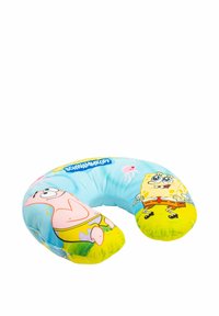 Cuscino per il collo a forma di U, caratterizzato da tessuto blu con design di SpongeBob e Patrick. Texture morbida, colori vivaci e grafiche dei personaggi dei cartoni animati.