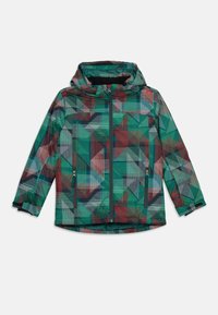 Giacca a vento per bambini con cappuccio, zip e tasche laterali con zip, caratterizzata da un motivo geometrico multicolore in verde, rosso, nero e bianco.