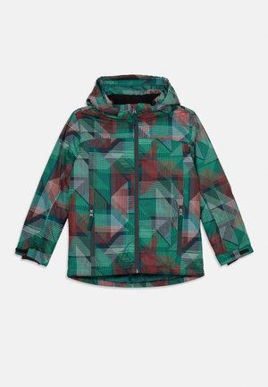 Kinder-Haubenjacke mit Reißverschluss und seitlichen Reißverschlusstaschen, ausgestattet mit einem mehrfarbigen geometrischen Muster in Grün, Rot, Schwarz und Weiß.