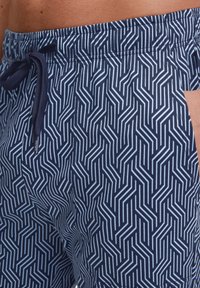 De heren zwemschoenen hebben een blauw-wit zigzagpatroon, een elastische tailleband met koord en zijzakken. Zachte stoftextuur.